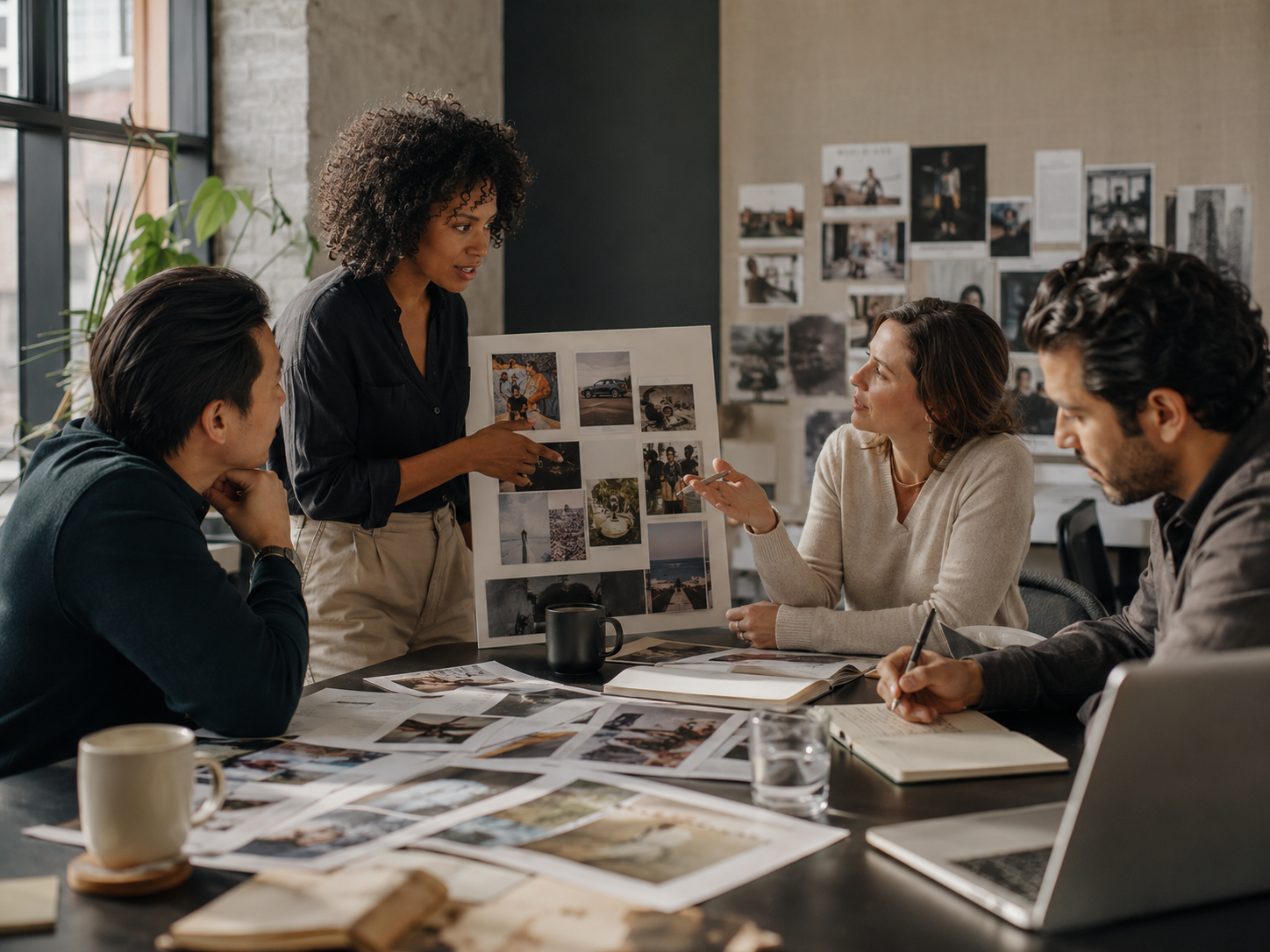 A diverse group of four people in a modern office meeting discussing a presentation with photographs and images, surrounded by printed materials and digital devices.
