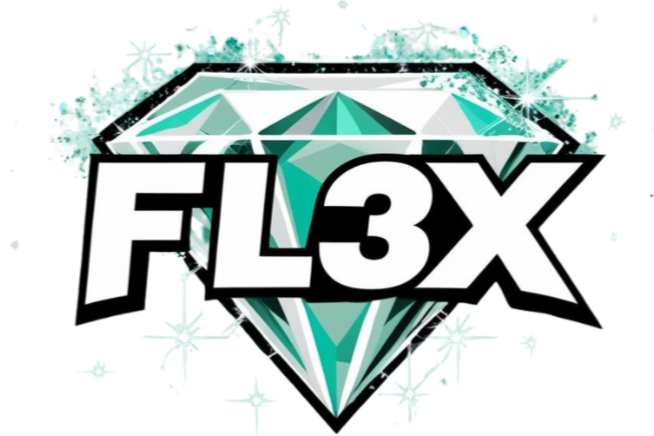 A logo with a large diamond graphic behind the text "FL3X" in bold black and white letters, surrounded by sparkling accents.