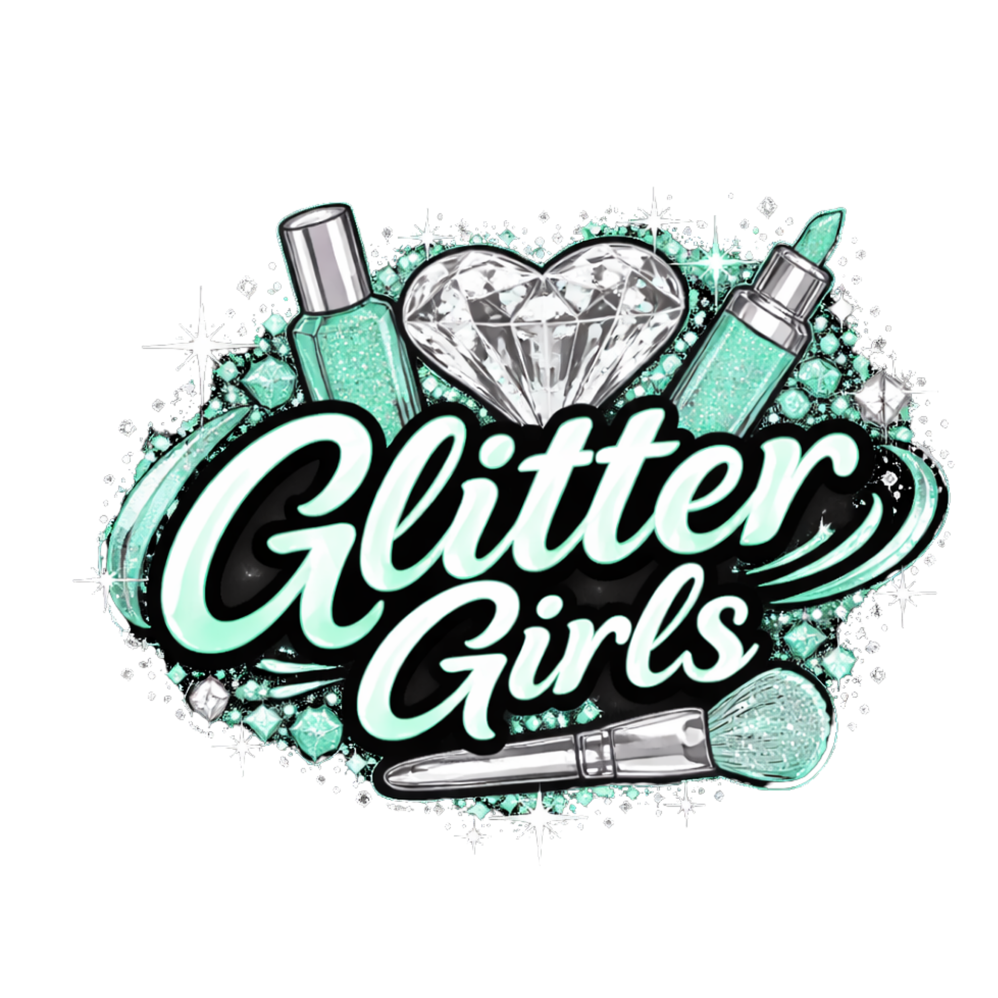 Design featuring the words 'Glitter Girls' with makeup products, a diamond, and sparkling embellishments.