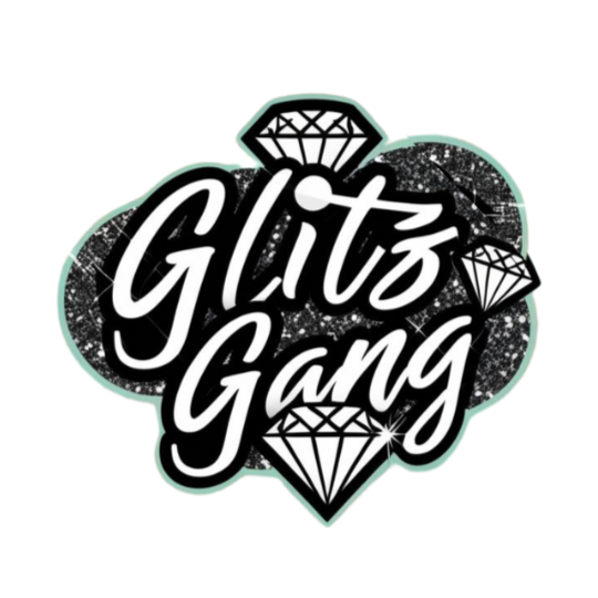 Glossy black sticker with the text "Glitz Gang" in white, surrounded by diamond illustrations and a sparkly background.