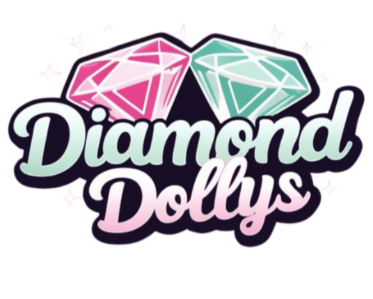 Logo for Diamond Dollys with two large diamonds, one pink and one teal, above the text 'Diamond Dollys' in a stylized font.