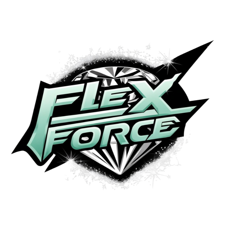 Logo for 'Flex Force' featuring stylized text over a diamond with starburst effects and a black background.