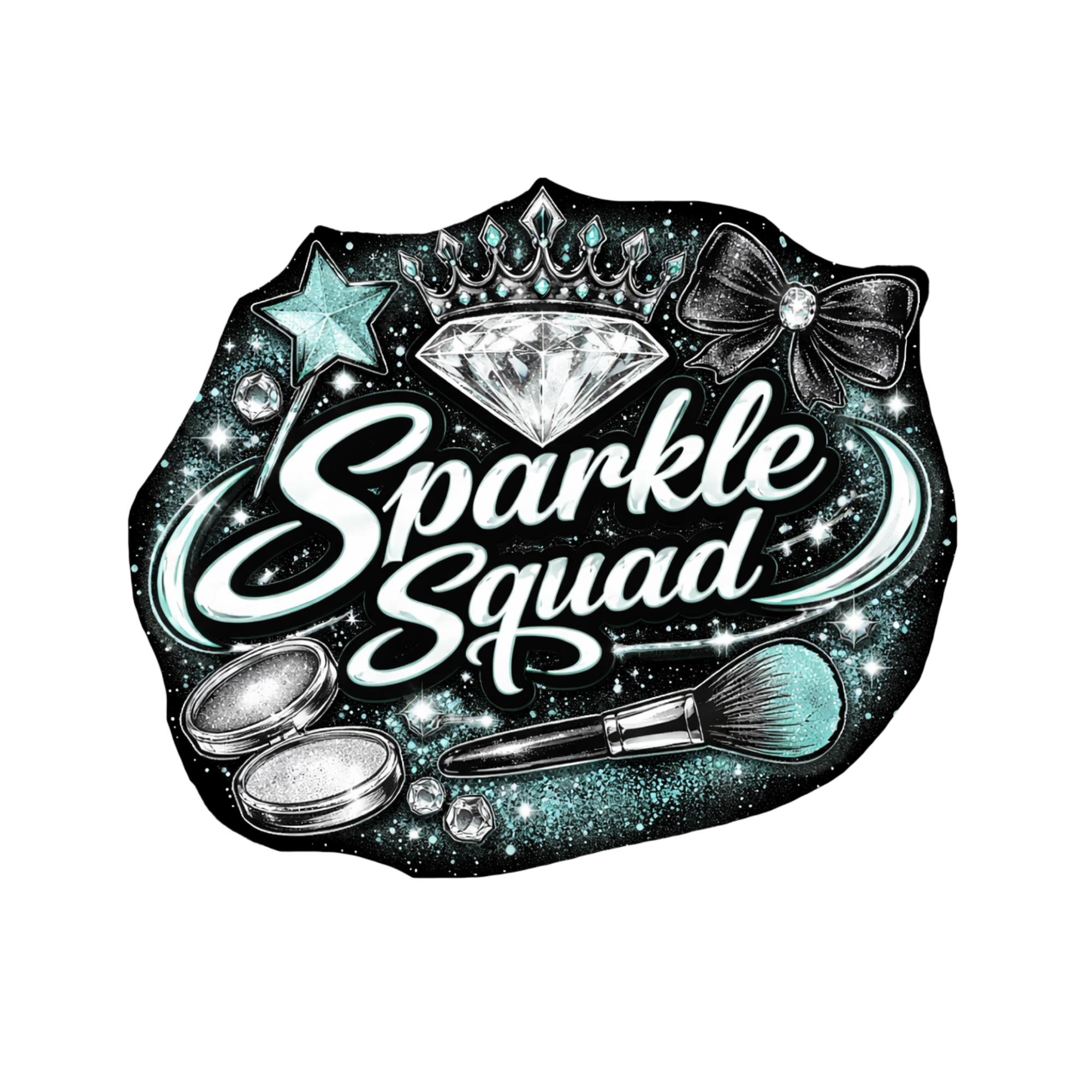 A graphic design with the words "Sparkle Squad" surrounded by a crown, diamond, star, bow, makeup puff, and makeup brush, all accented with sparkles and glitter on a black background.