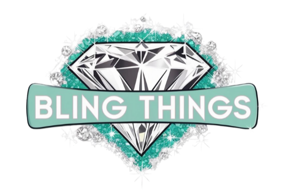A logo with a large diamond at the center and the words "BLING THINGS" written across it on a teal banner.