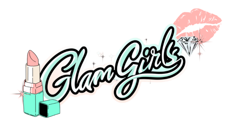 Graphics with the phrase "Glam Girls" in stylized script, accompanied by illustrations of lipstick, a diamond, and a lip gloss tube.