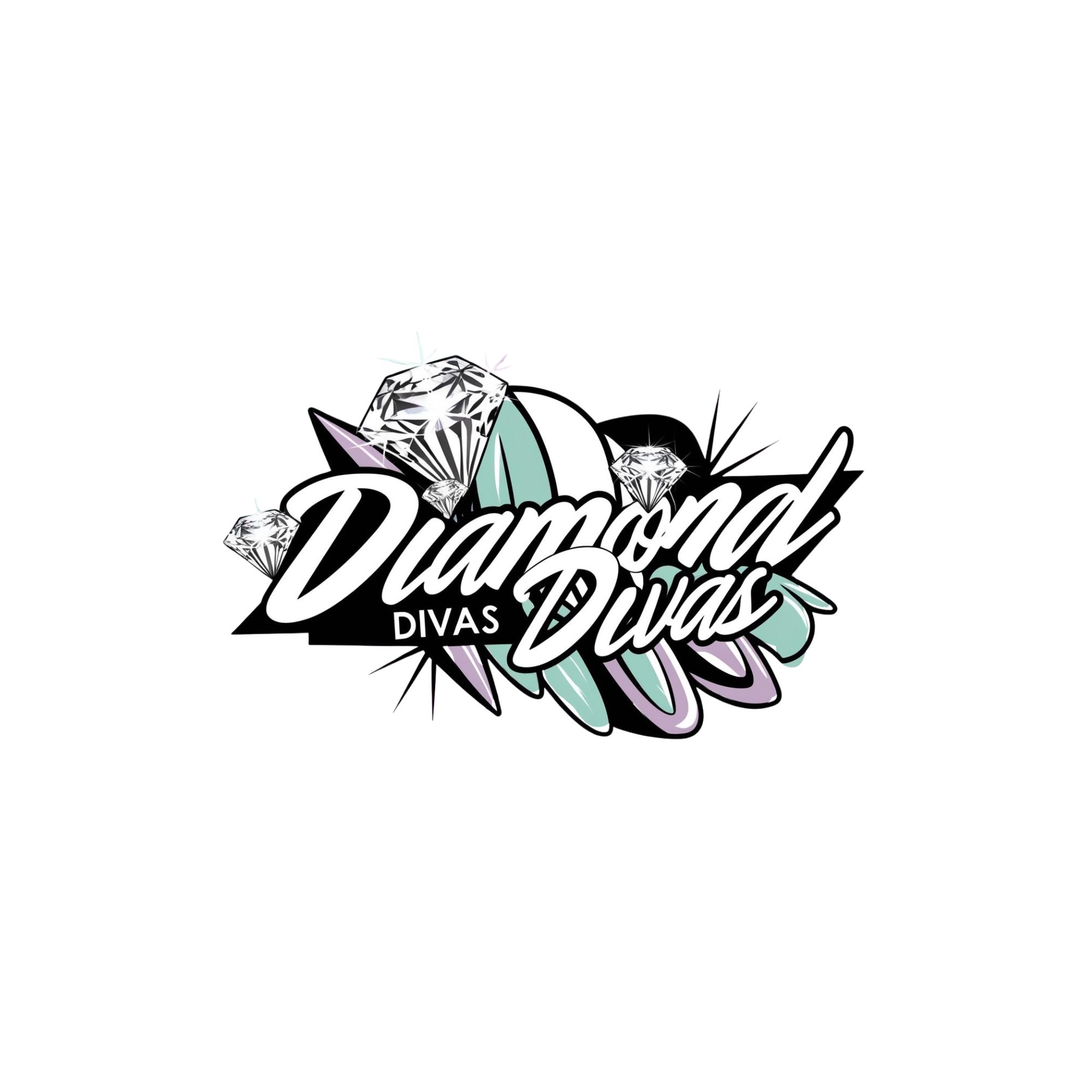 Logo with the text "Diamond Divas" featuring diamonds, sparkling effects, and colorful abstract shapes.