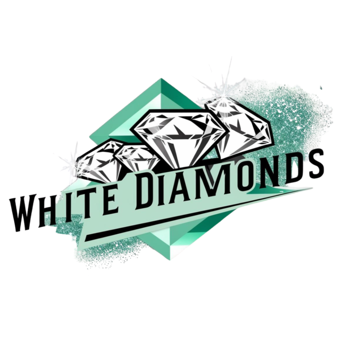Graphic design with a turquoise gem, three white diamonds, and the text "White Diamonds" in black, stylized font.