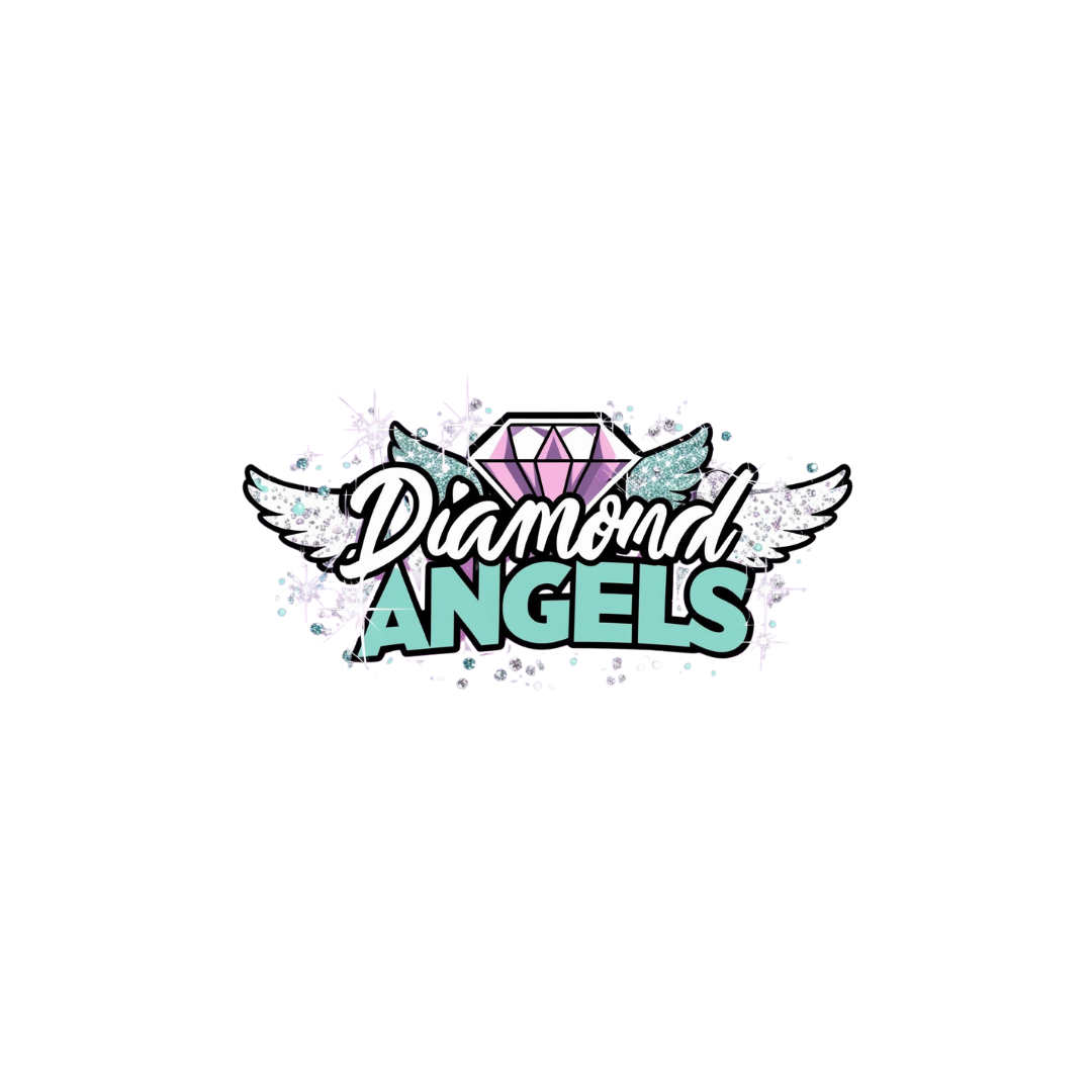 Logo for Diamond Angels featuring a pink diamond with white wings and the words "Diamond Angels" in stylized font and pastel colors.
