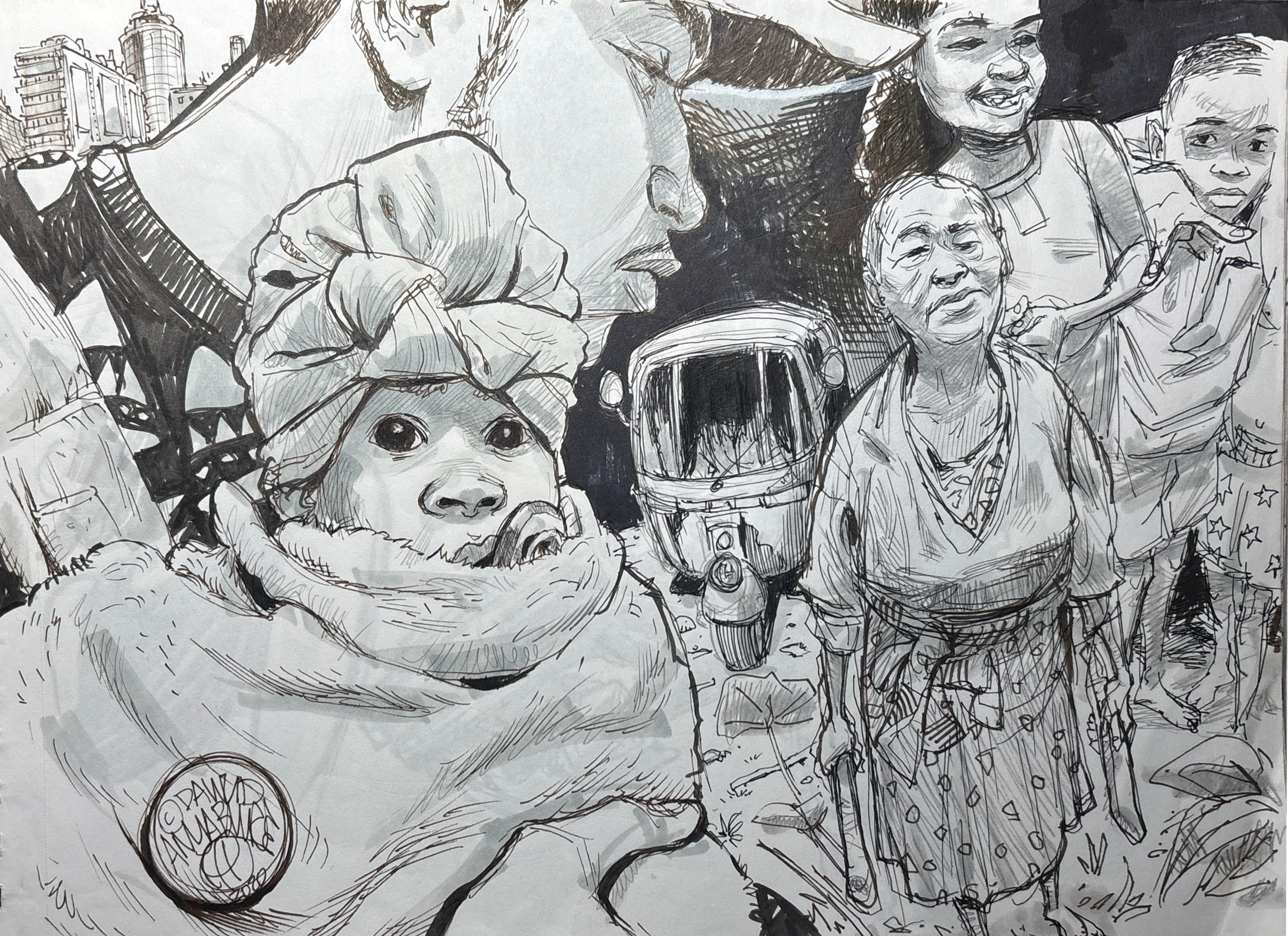 A detailed black and white drawing of a diverse group of people, including children and elderly. The image features a young girl with a headscarf, a woman with a headscarf, a child with an older woman, and two boys.