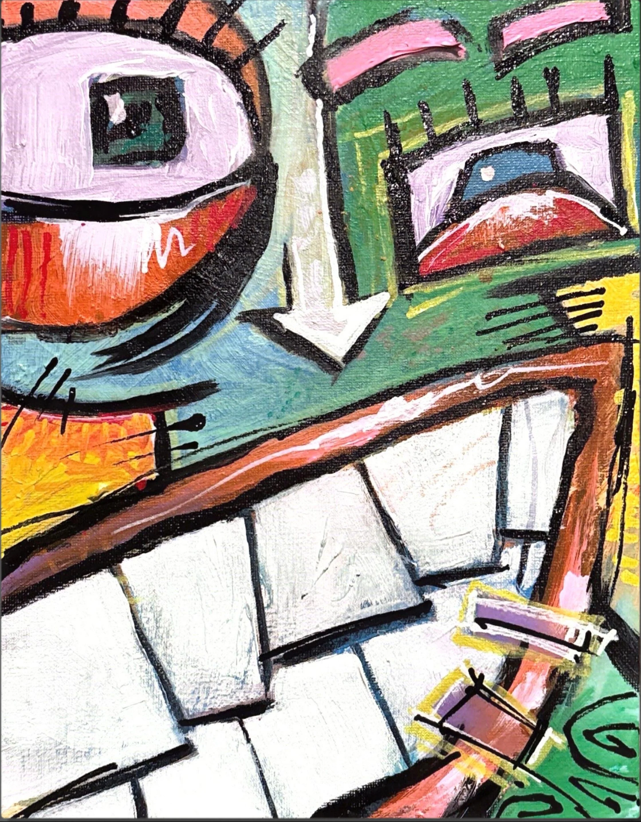 Close-up of a colorful abstract painting featuring a smiling face, a piano keyboard, and vibrant brushstrokes.
