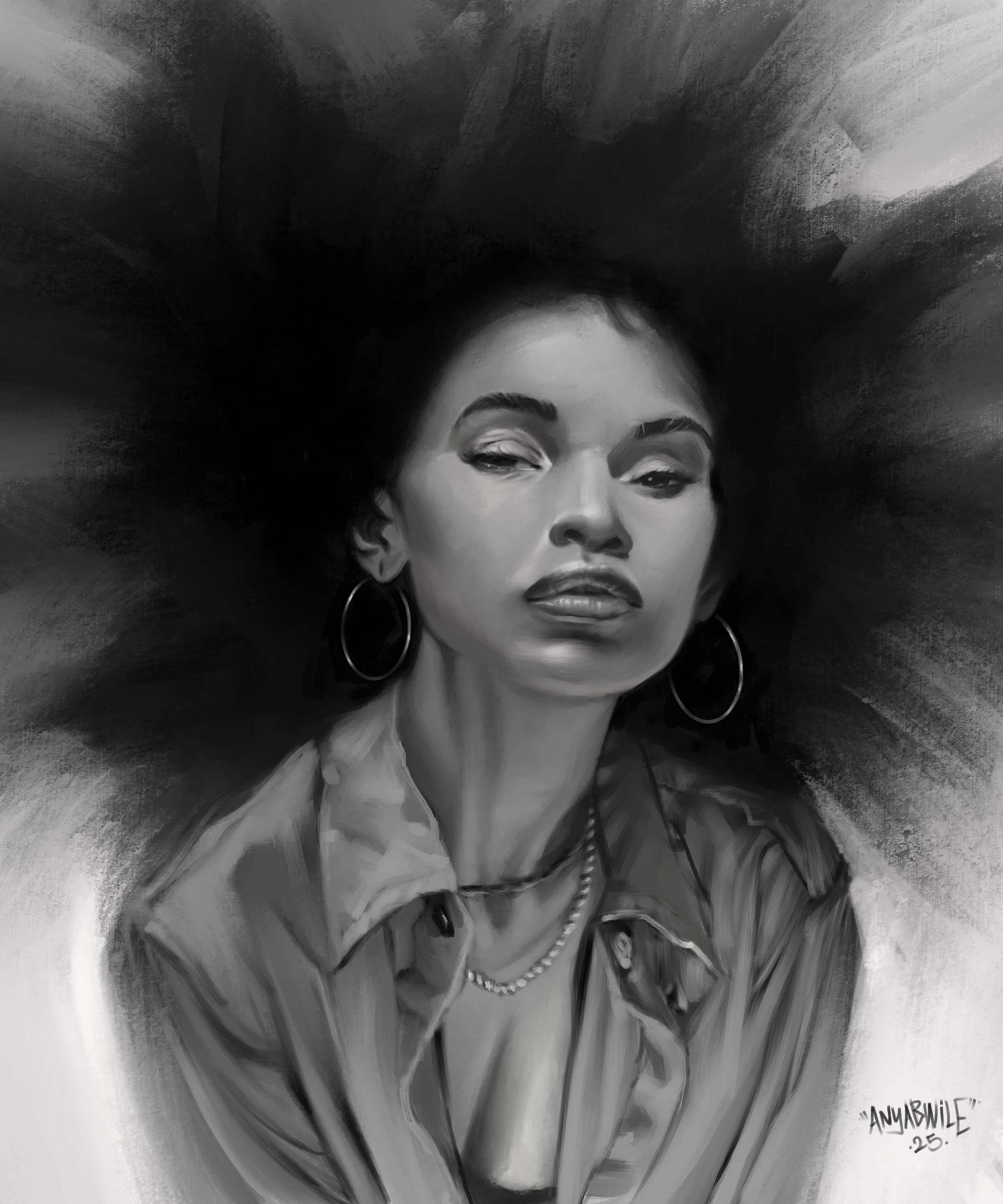 Black and white digital portrait of a woman with wavy hair, wearing hoop earrings, a necklace, and an open shirt, with a confident expression.