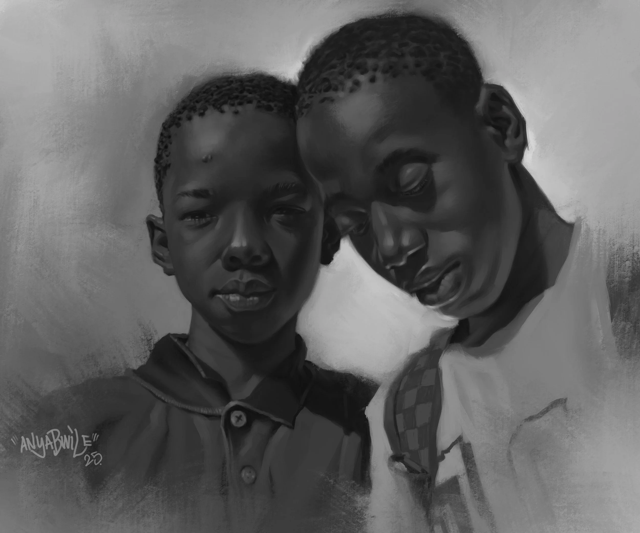 A black and white portrait of two young boys with short, textured hair, standing close together and looking down. One boy is wearing a collared shirt, and the other has a checkered strap over his shoulder.