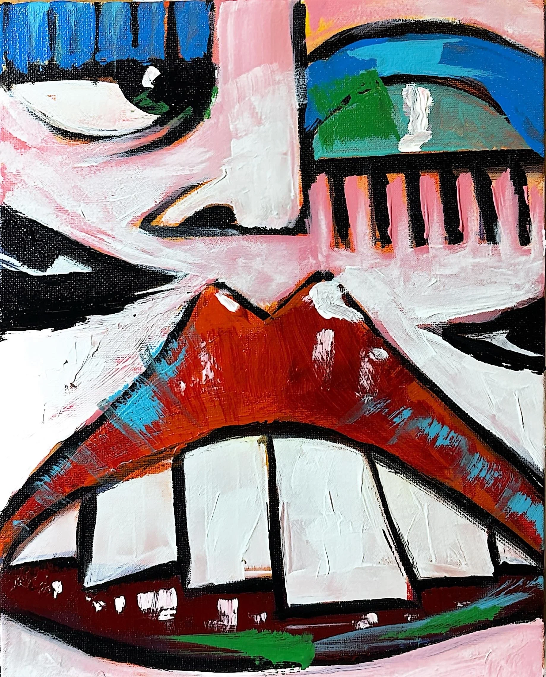 Abstract painting of a face with exaggerated lips, teeth, and a nose, using bold black outlines and bright colors like red, pink, blue, green, and white.