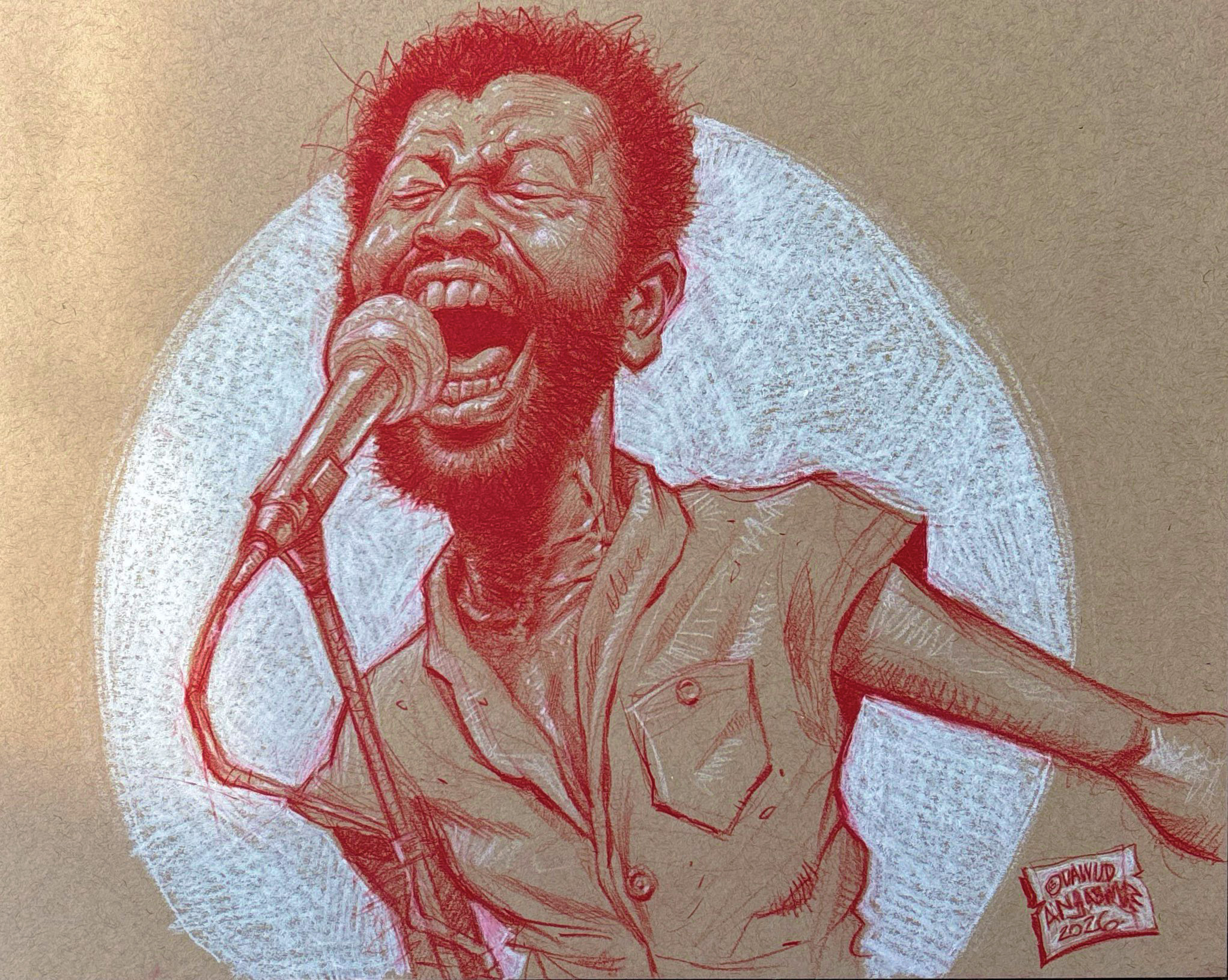 A detailed drawing of a man singing passionately into a microphone with eyes closed and mouth wide open, wearing a sleeveless shirt, with a rough background.