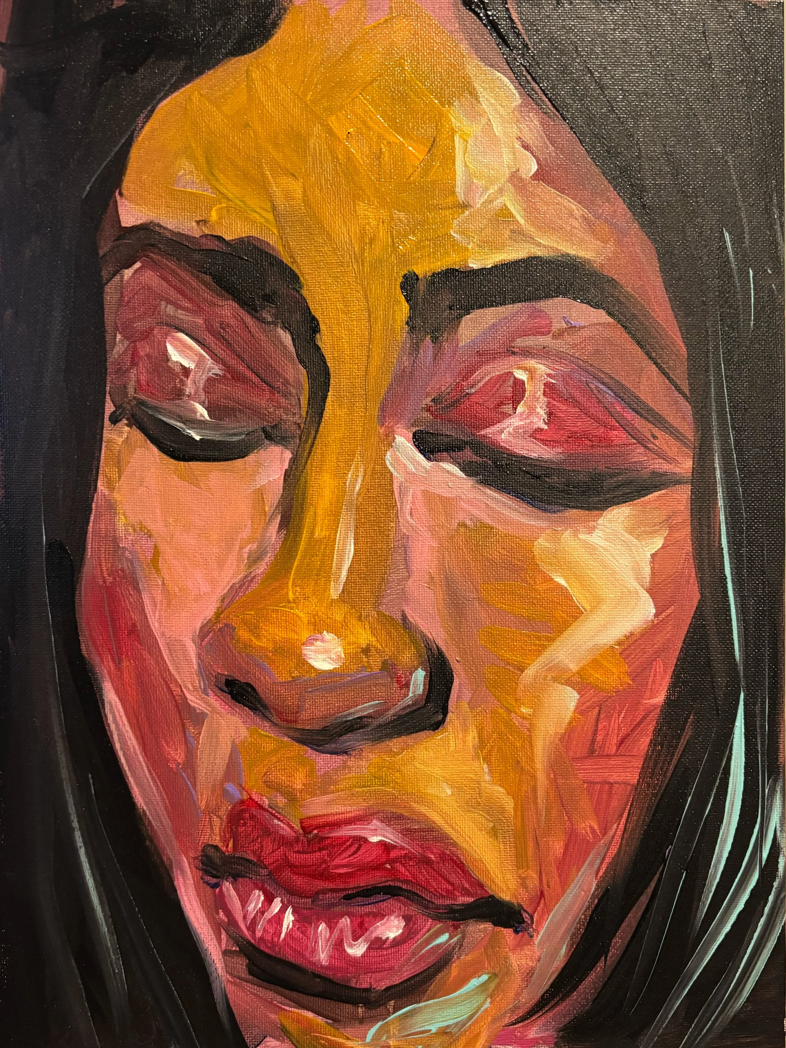 Abstract portrait of a person's face with black hair, showing closed eyes, red lips, and bold brushstrokes in yellow, pink, and orange tones.