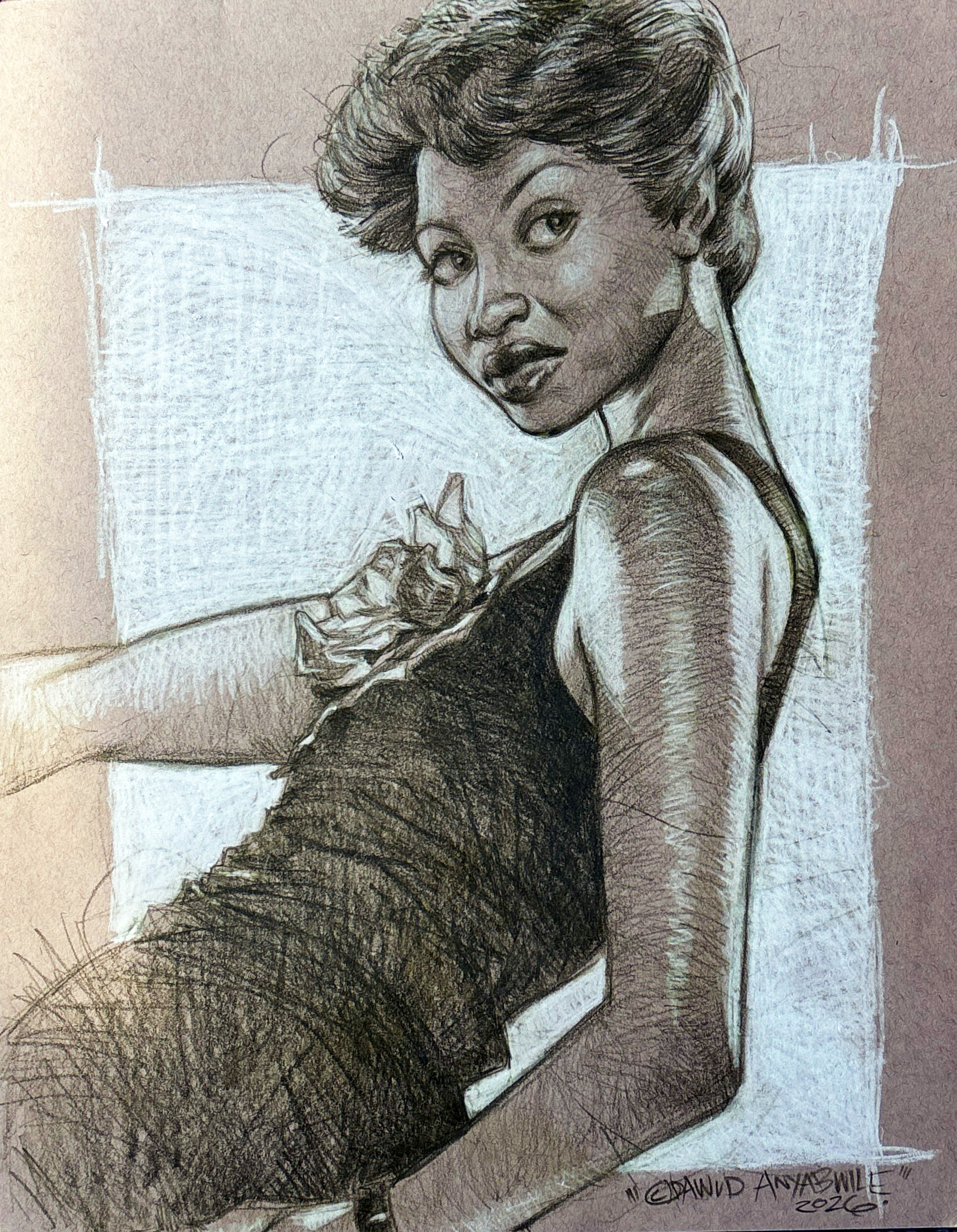 A detailed pencil sketch of a woman looking over her shoulder with a confident expression, wearing a sleeveless top.