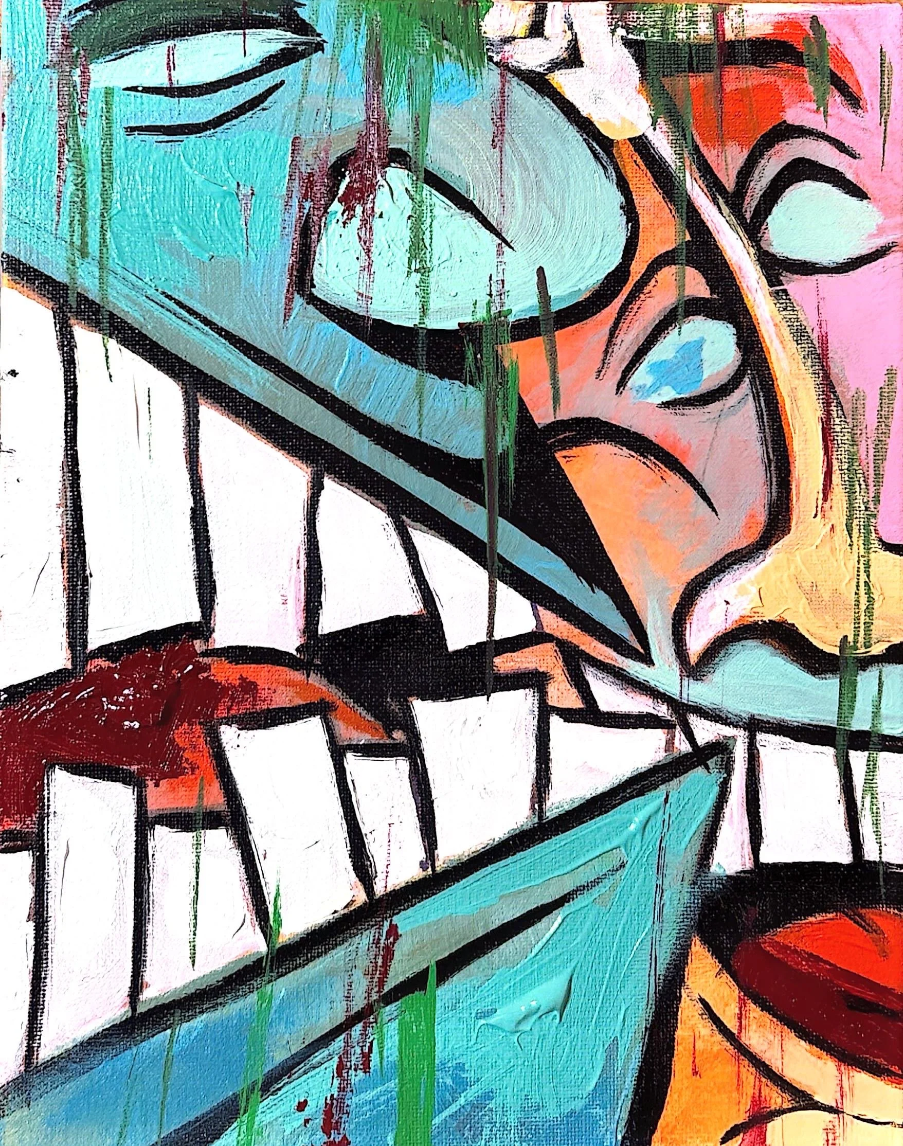 A colorful abstract painting featuring a stylized face with prominent lips, an eye, and bold black outlines, with splashes of turquoise, pink, orange, white, and green.