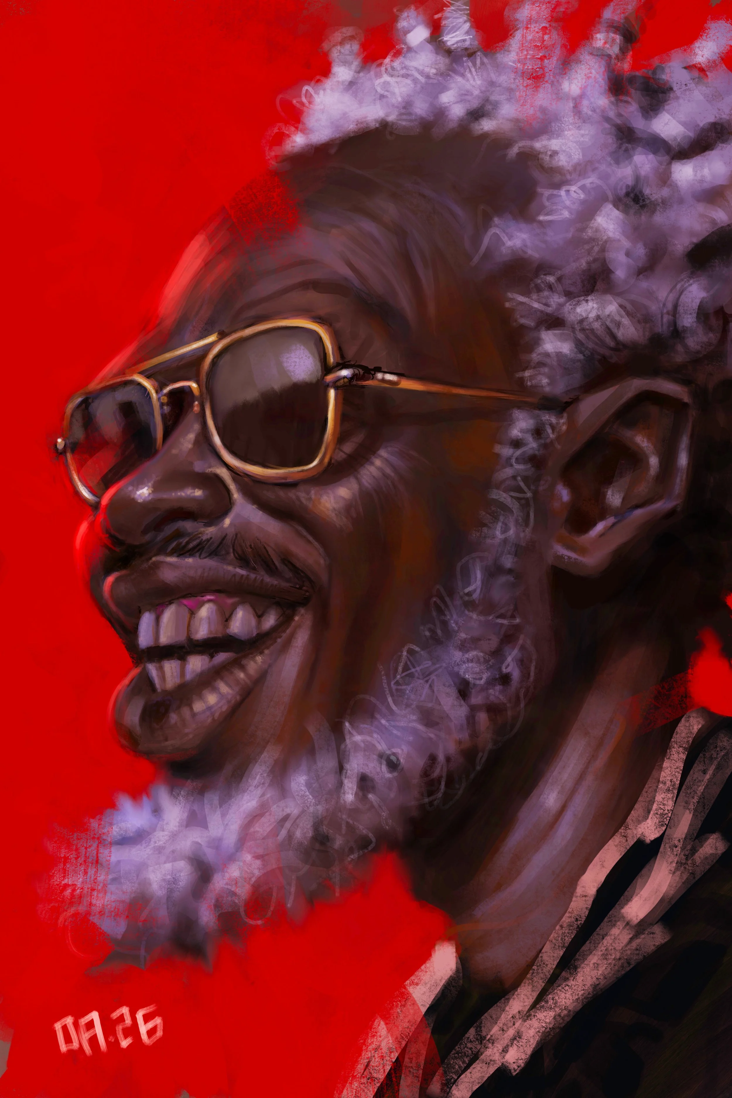 Digital painting of a smiling man with a beard and sunglasses, against a vibrant red background.