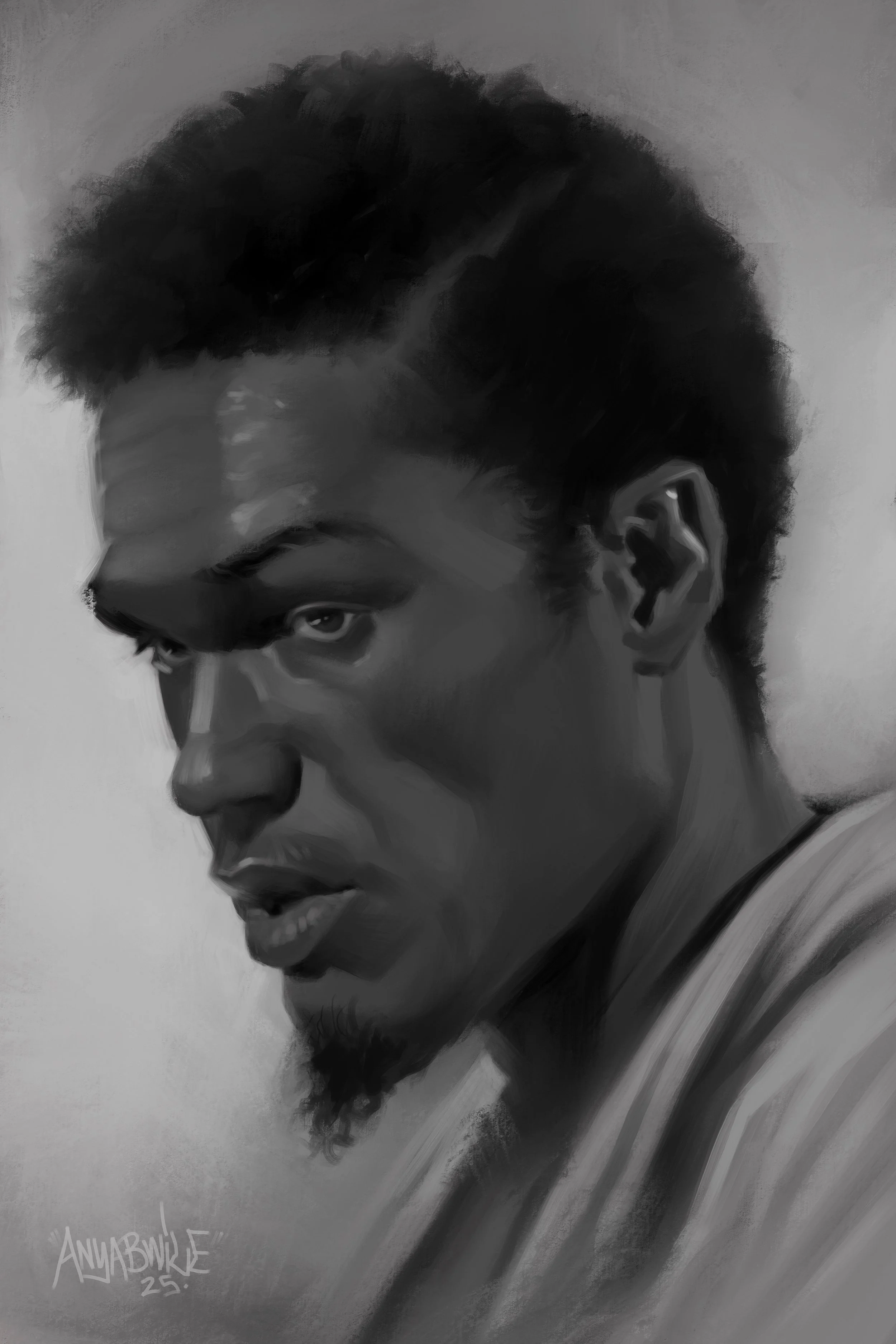 Black and white digital painting of a man with short, curly hair, a goatee, and a serious expression, looking slightly downward.