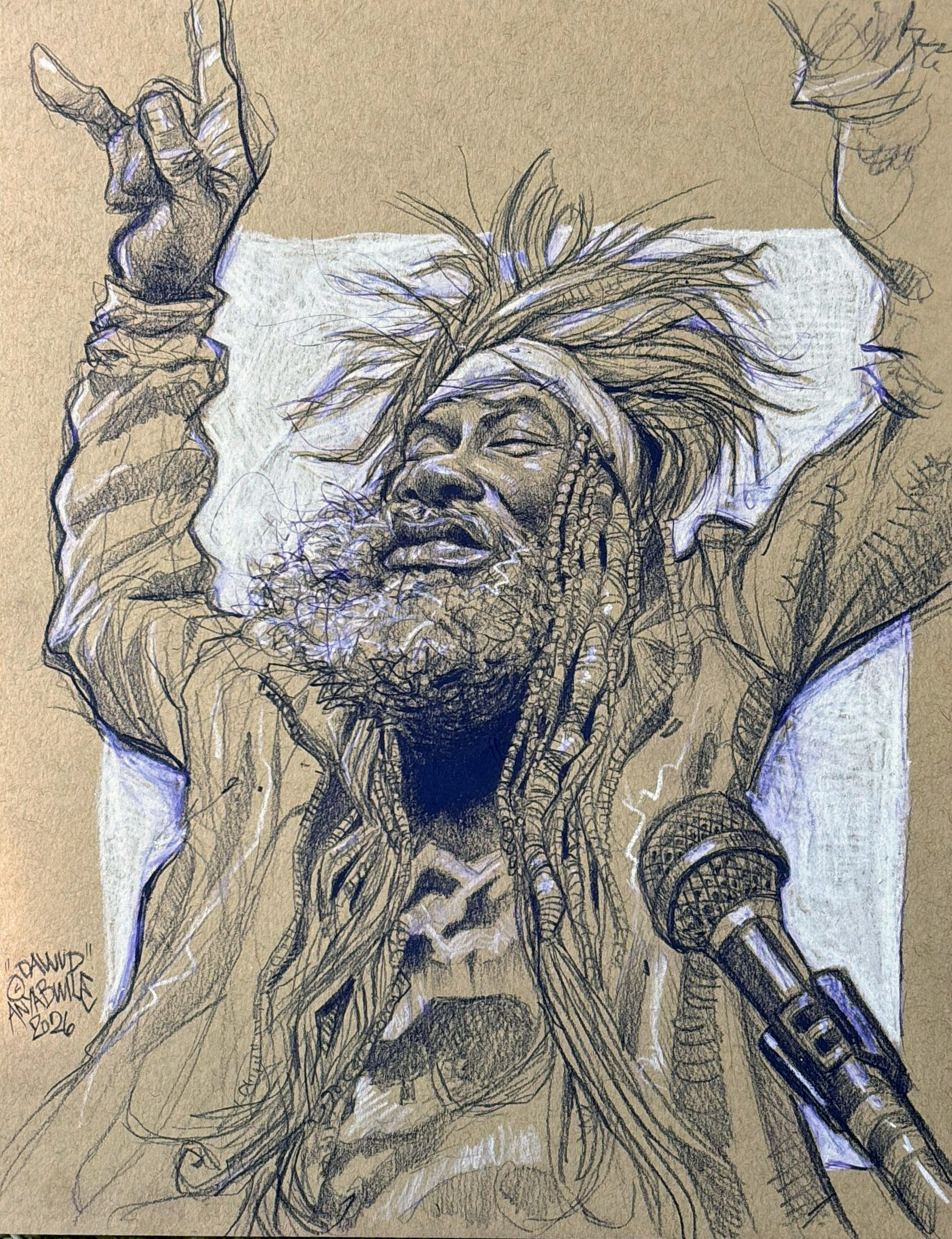 A detailed sketch of a person with braided hair singing into a microphone, with eyes closed and hands raised, on tan paper.