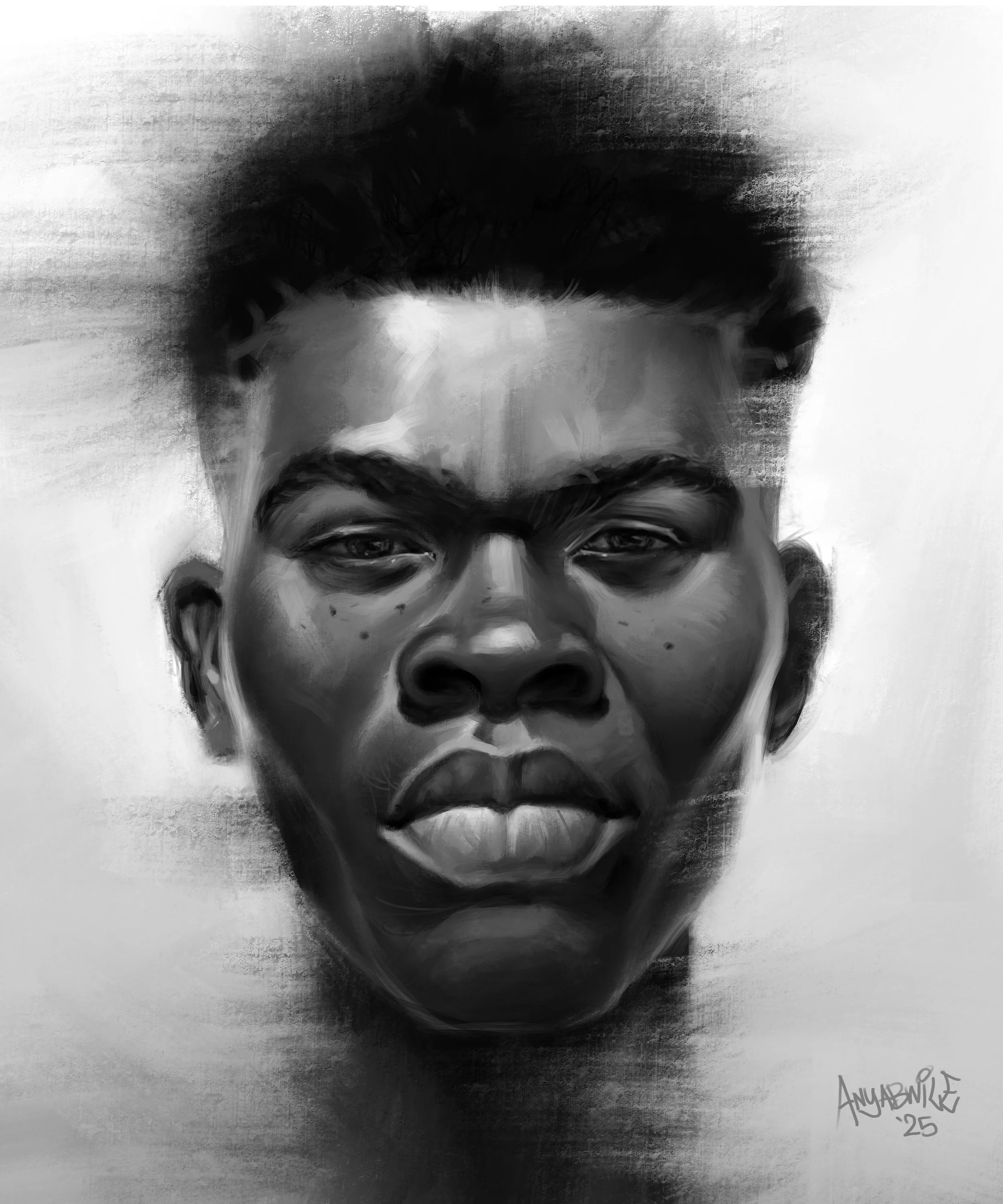 Black and white digital portrait of a young person with short, textured hair, full lips, and expressive eyes, signed by Dawud Anyabwile 2025.