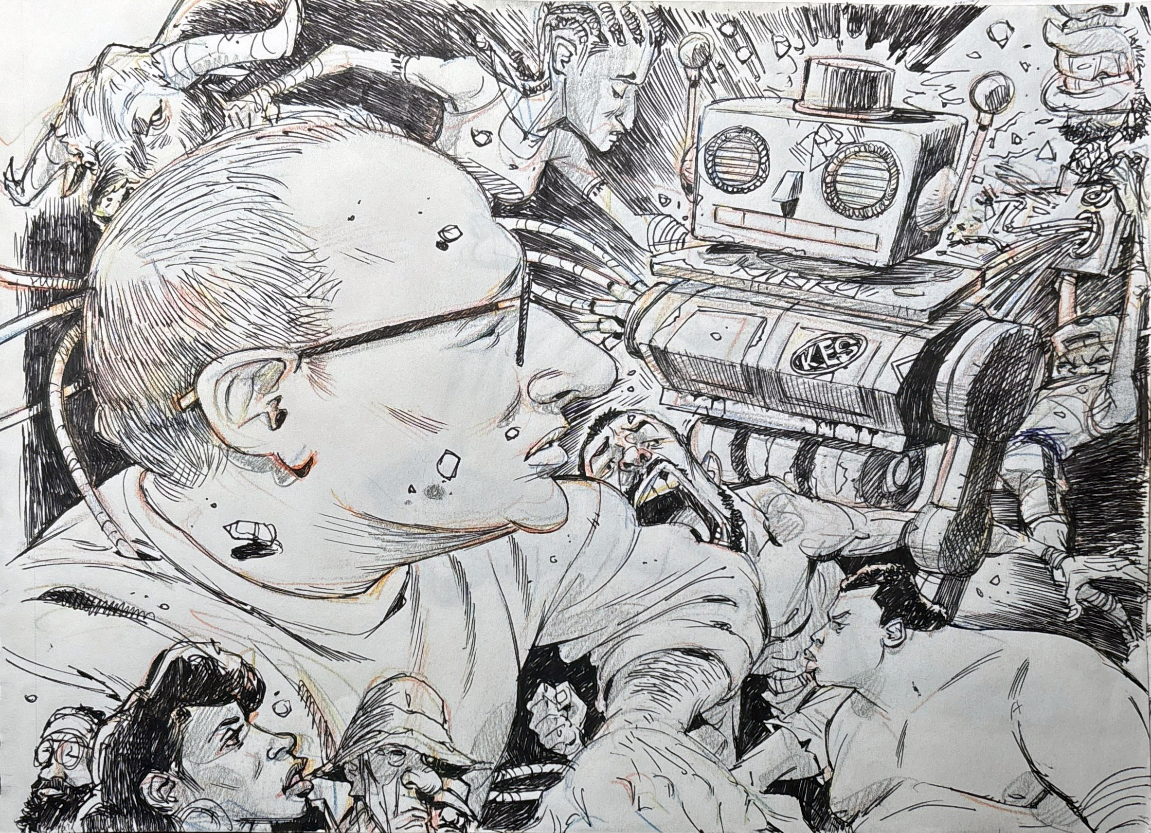 A detailed black and white sketch of a group of diverse people, including a woman with glasses, children, and a man with a beard, gathered around a piece of technology or a machine. The scene is dynamic with expressive faces and intricate line work