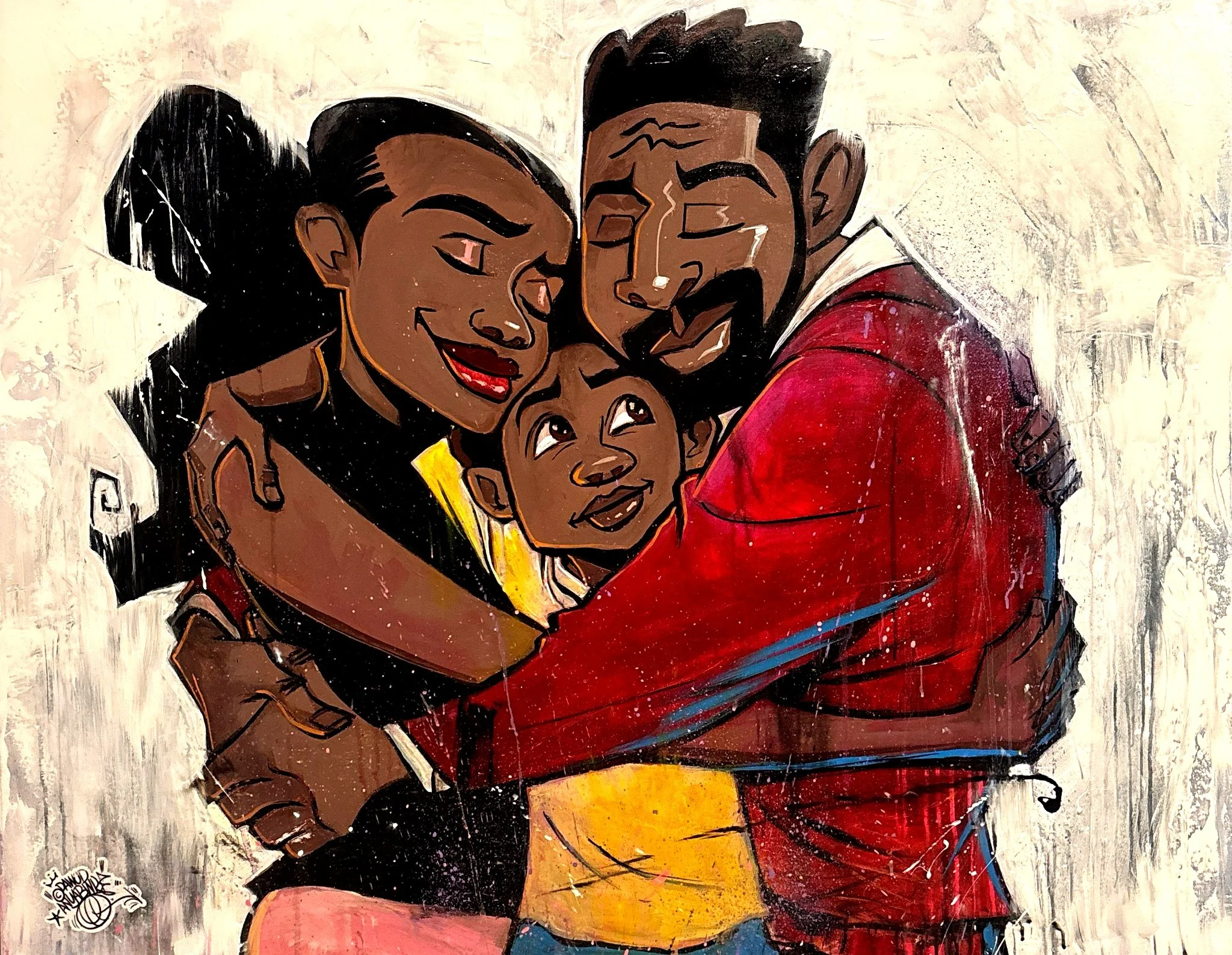 A vibrant street art painting of a family of three embracing, with the mother, father, and a young child smiling and looking affectionately at each other.