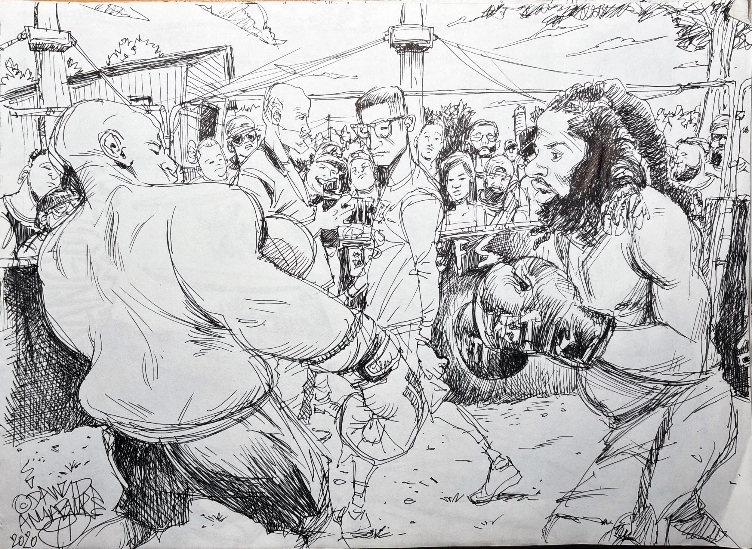 A black and white sketch of two boxers sparring outdoors, surrounded by a crowd of spectators watching intently.