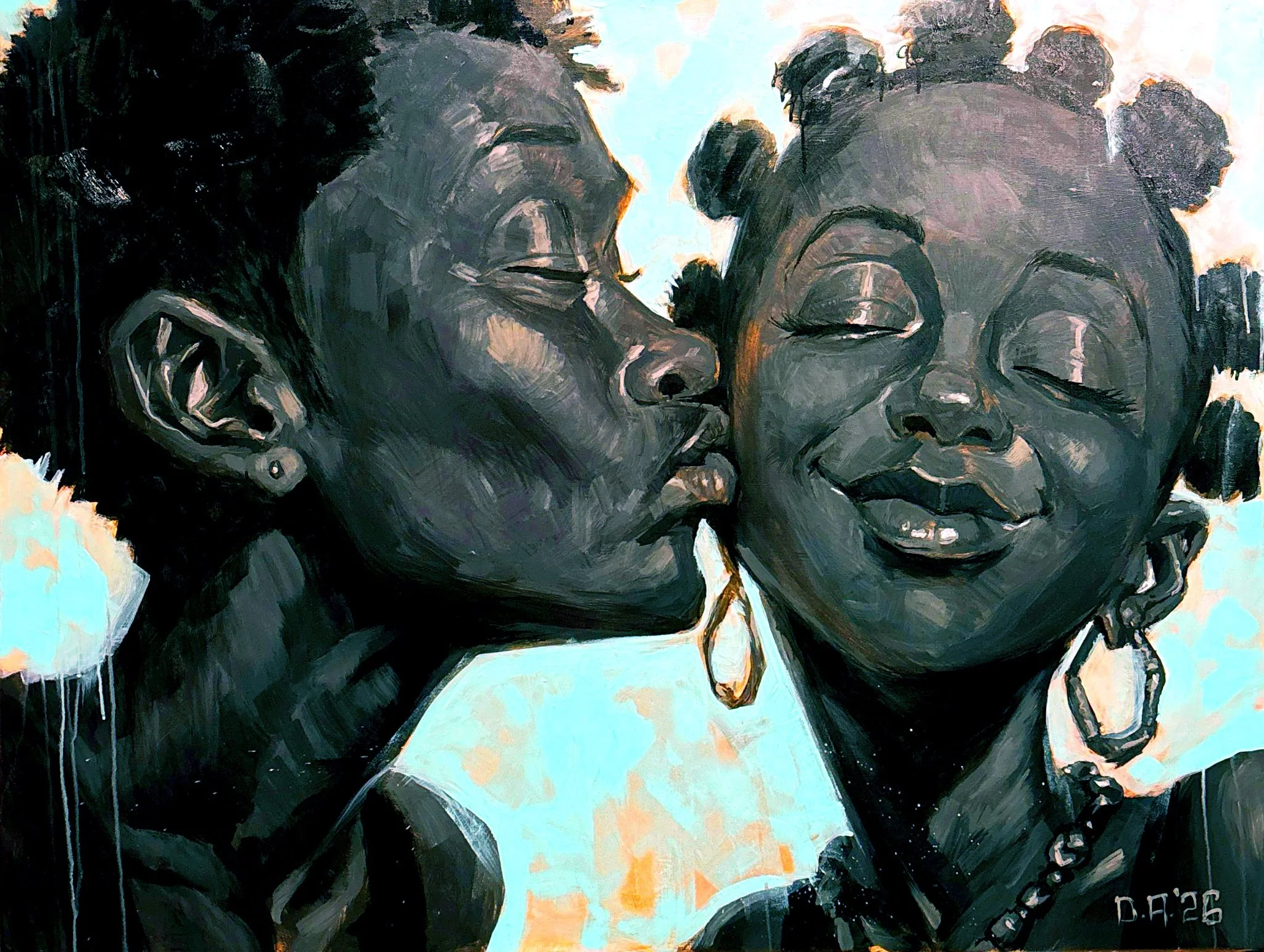Painting of two women with eyes closed, sharing a kiss on the lips. They have dark skin and black hair styled in buns, with earrings and necklaces. The background has hints of light blue and tan colors.