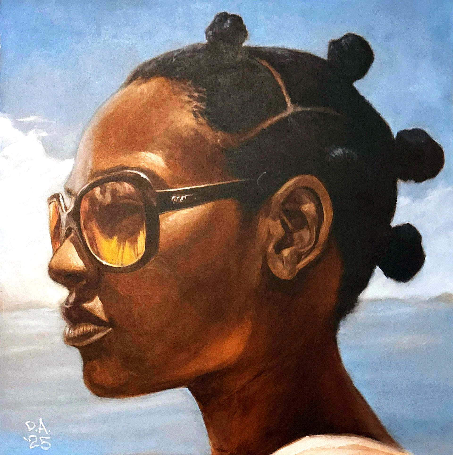 A woman with dark skin and black hair styled in bantu knots, wearing glasses with reflective lenses, gazing to the left against a cloudy sky background.