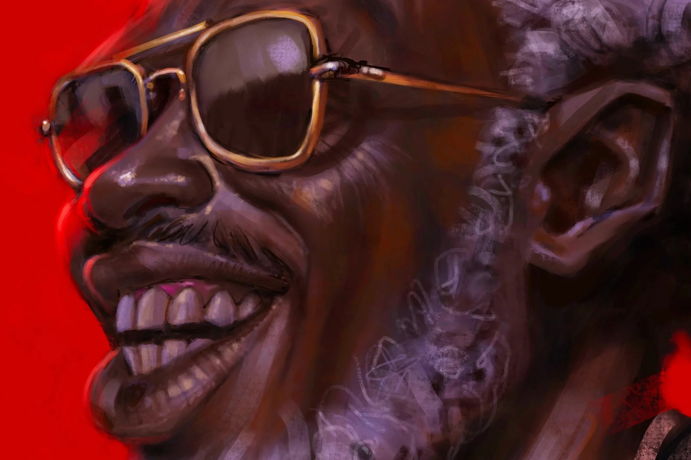 A digital painting of a smiling man wearing sunglasses, with a dark background and red accents.