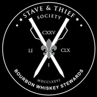 A black circular logo with white text and design elements. It features two crossed knives with a fleur-de-lis between them in the center. Around the circle, it says 'Stave & Thief Society' at the top and 'Bourbon Whiskey Stewards' at the bottom. The Roman numerals 'CXXV' and 'MDCCLXXVI', as well as 'LI' and 'CLX', are also present.