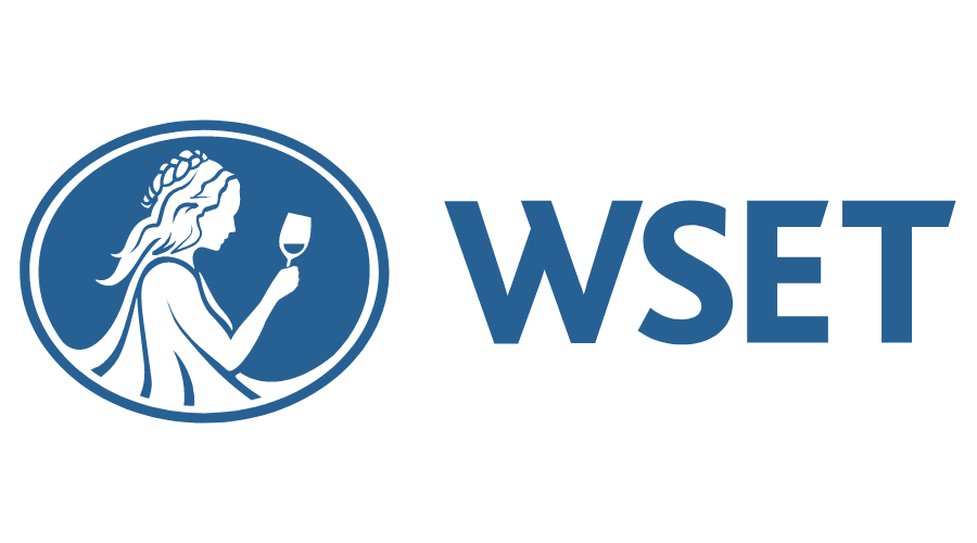 Logo featuring a line drawing of a woman with long hair holding a wine glass, enclosed in an oval, next to the text 'WSET' in large blue letters.