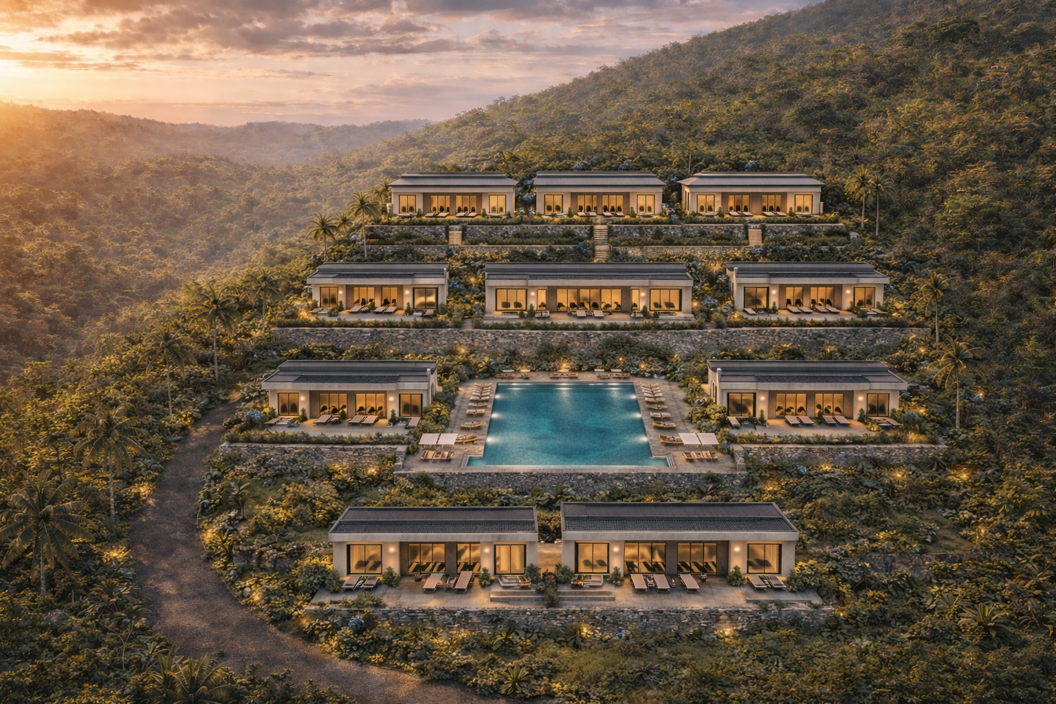 Aerial view of a luxury resort with multiple modern villas on a hillside, a large central swimming pool, and surrounding lush greenery at sunset.