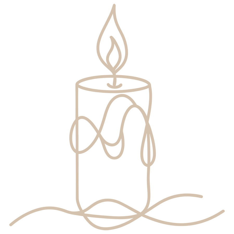 Line drawing of a lit candle with melted wax dripping down on a black background.