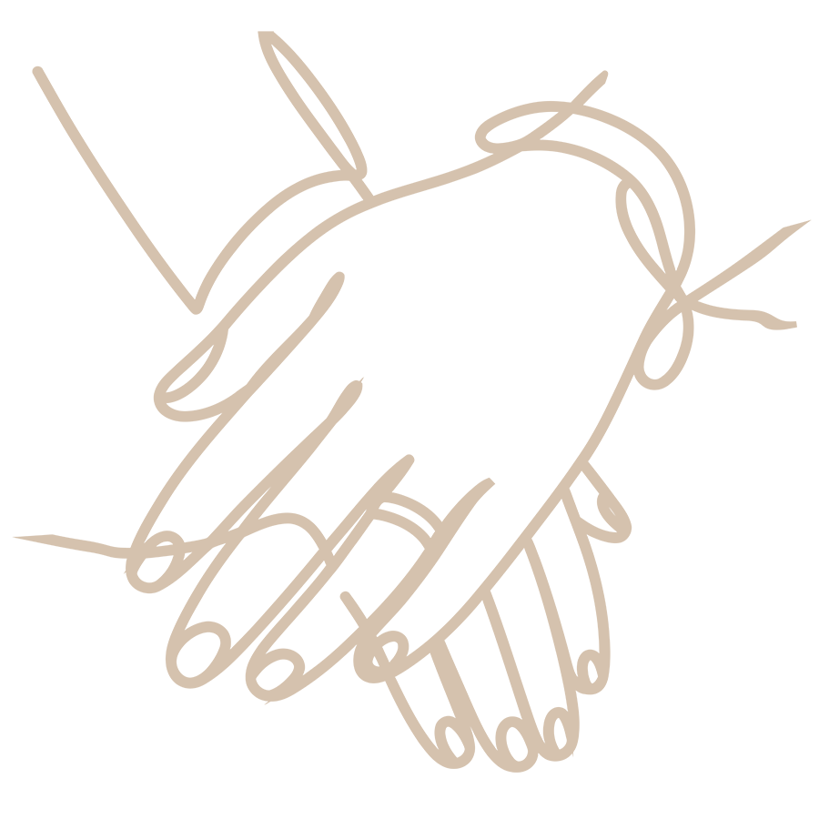 Line art illustration of two hands clasped together, drawn with continuous beige lines on a black background.