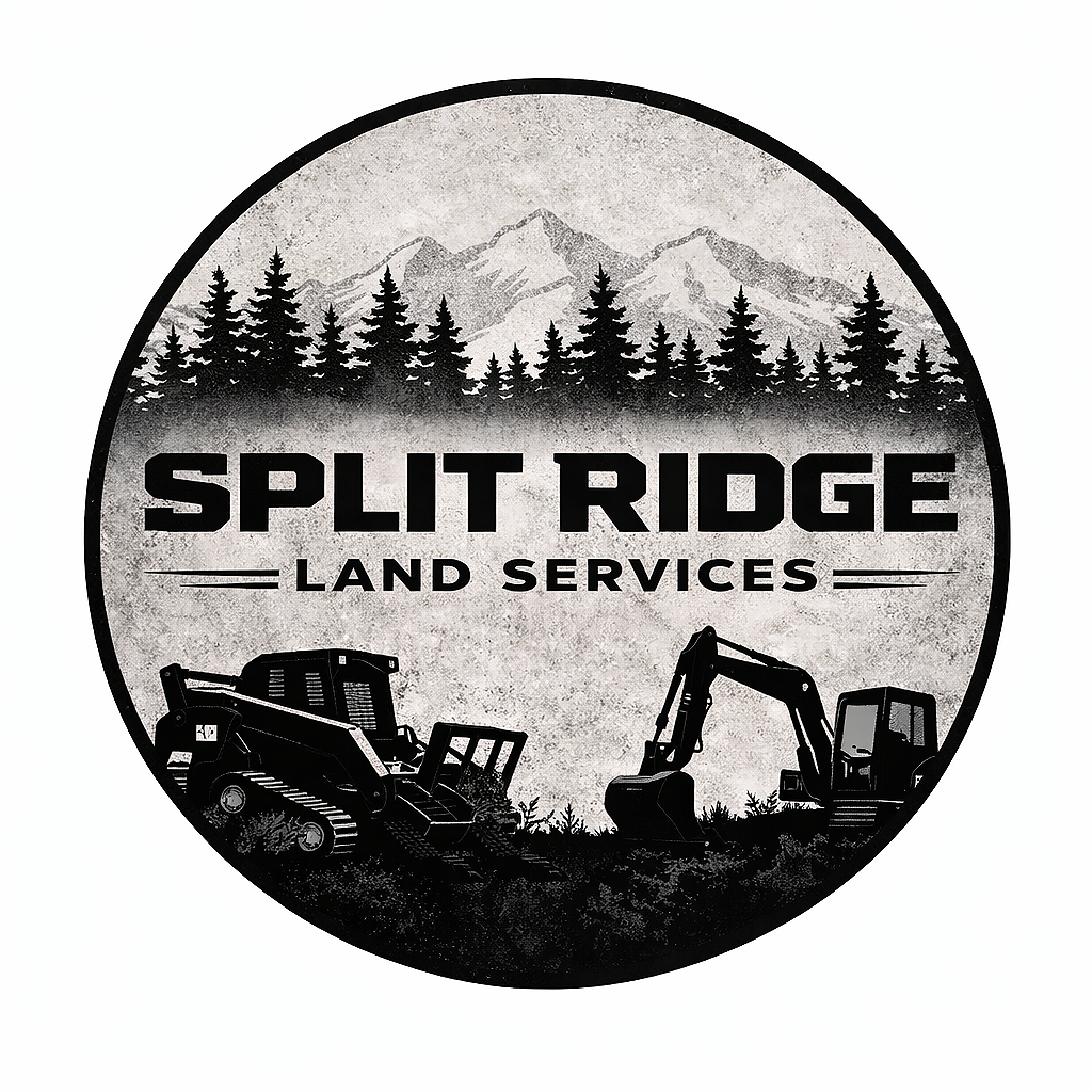 Logo for Split Ridge Land Services featuring mountain and forest background with construction equipment like an excavator and skid steer.