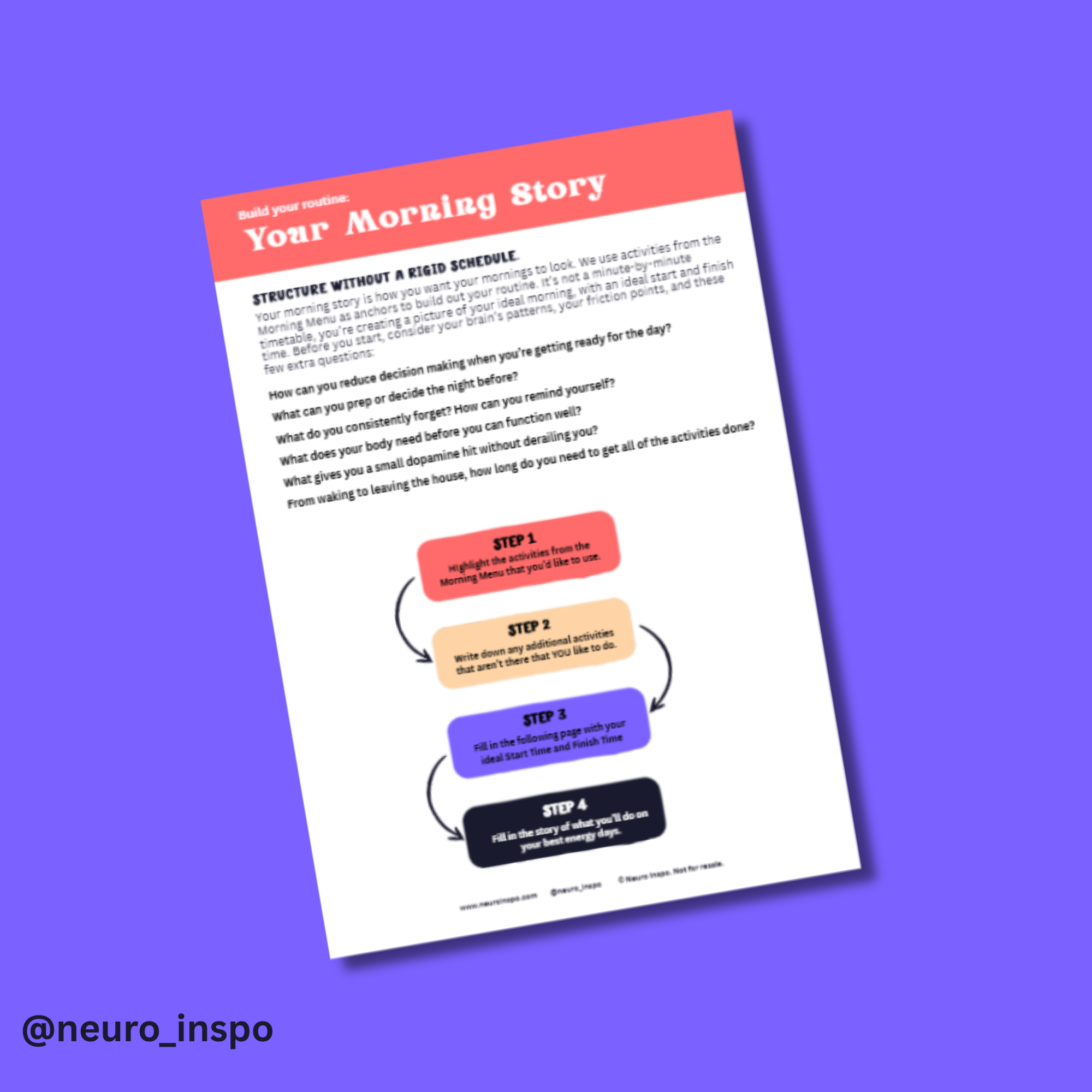 A science-backed ADHD morning routine workbook with time anchors, friction audit, activity menu, and battery-level planning. Designed for neurodivergent brains.