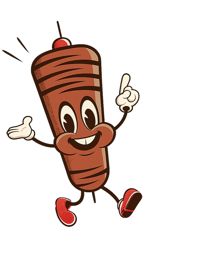 Animated cartoon donair character with a smiling face, wearing red shoes, and pointing upwards with one finger.