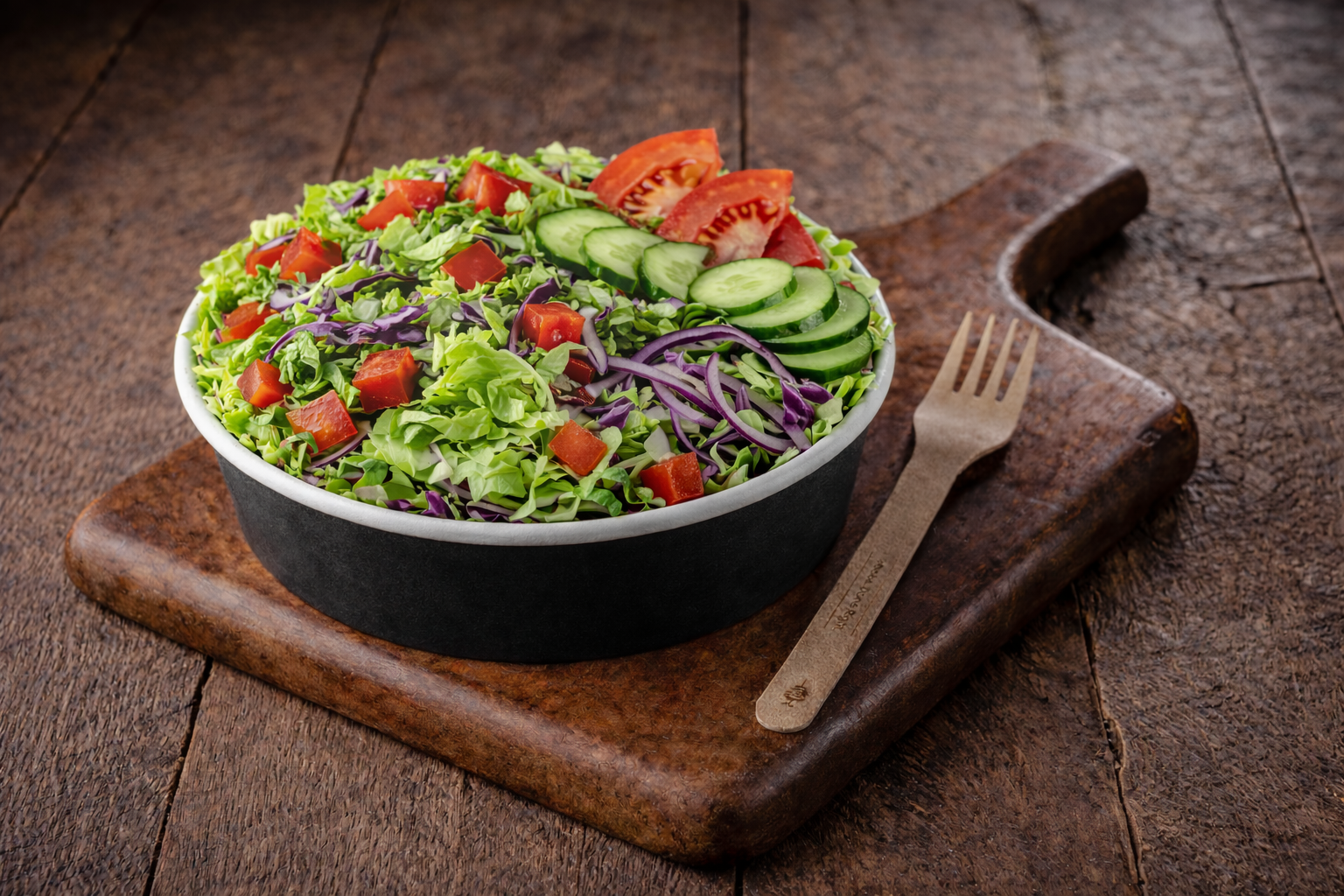 A bowl of fresh salad with chopped lettuce, sliced cucumbers, tomato wedges, and diced tomatoes on a wooden cutting board, with a fork beside it.