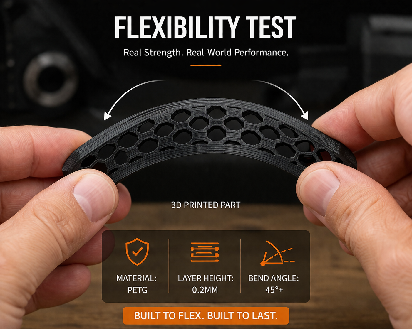 Person holding a black 3D printed piece with hexagonal patterns, part of a flexibility test for a material called PETG, indicating a layer height of 0.2mm and a bend angle over 45 degrees.