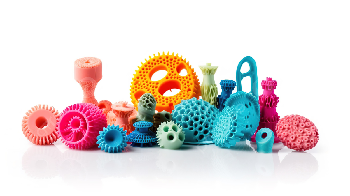 Colorful, textured 3D-printed geometric objects on a white background.