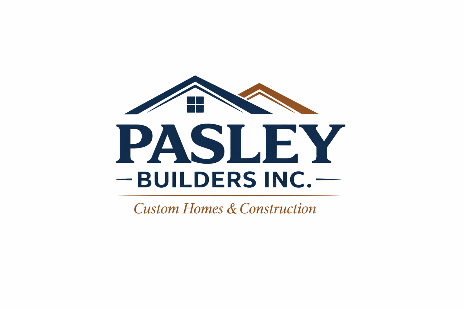 Logo for Pasley Builders Inc. featuring two rooftops and a window, with the company name and tagline 'Custom Homes & Construction'.
