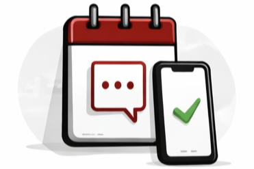 Calendar with speech bubble and mobile phone showing a green check mark.