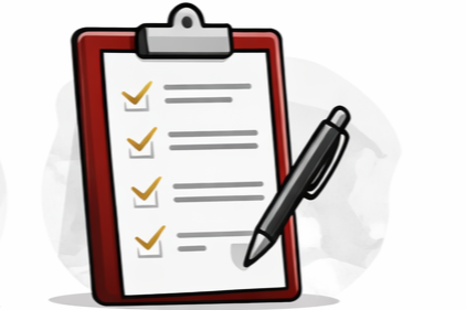 Clipboard with checklists and a pen.