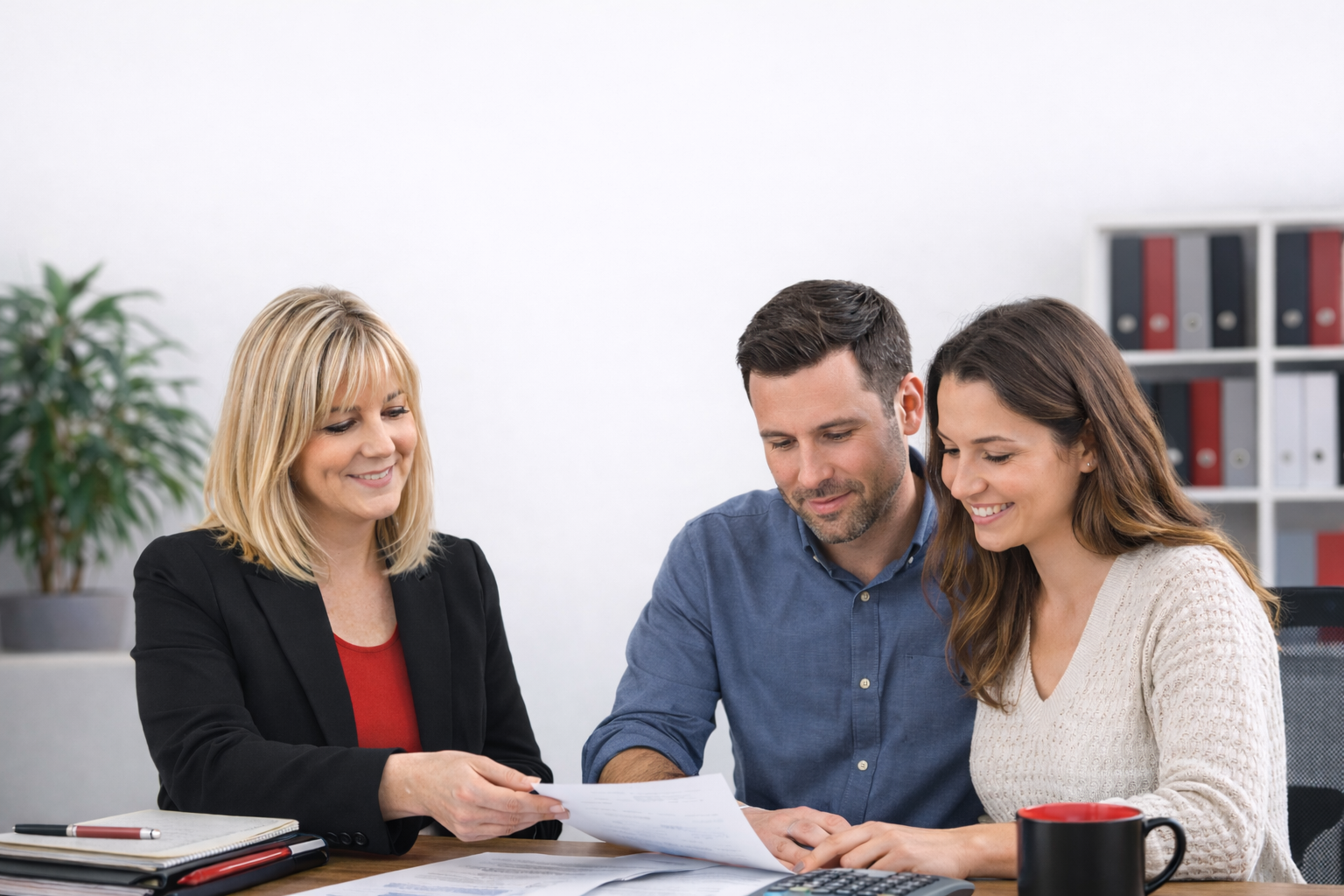 Three people sitting at a desk reviewing documents, smiling and discussing.