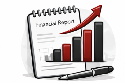 Financial report with bar chart showing increasing trend, an upward-pointing red arrow, and a pen.
