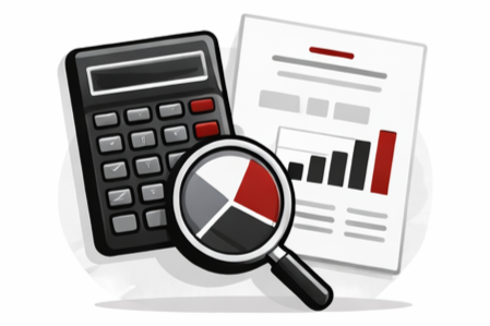 Calculator, magnifying glass, and a report with charts and graphs