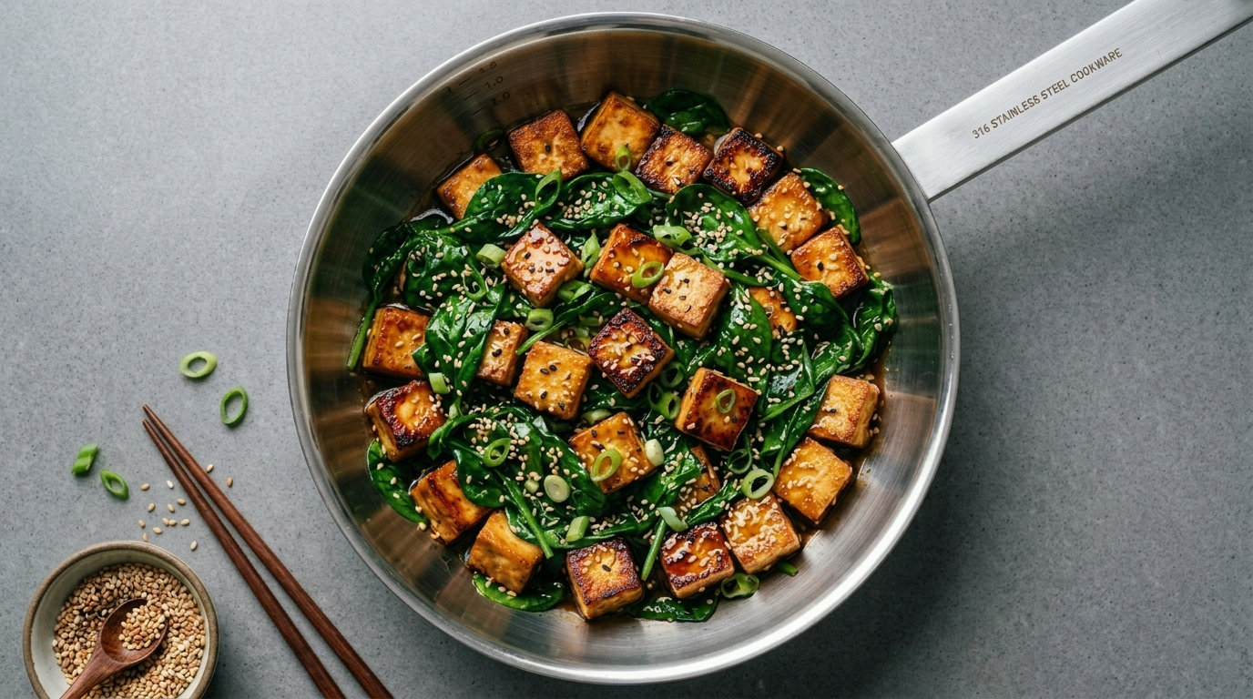 🌿The Ultimate Crispy &amp; Savory: Sesame Tofu &amp; Spinach Recipe 