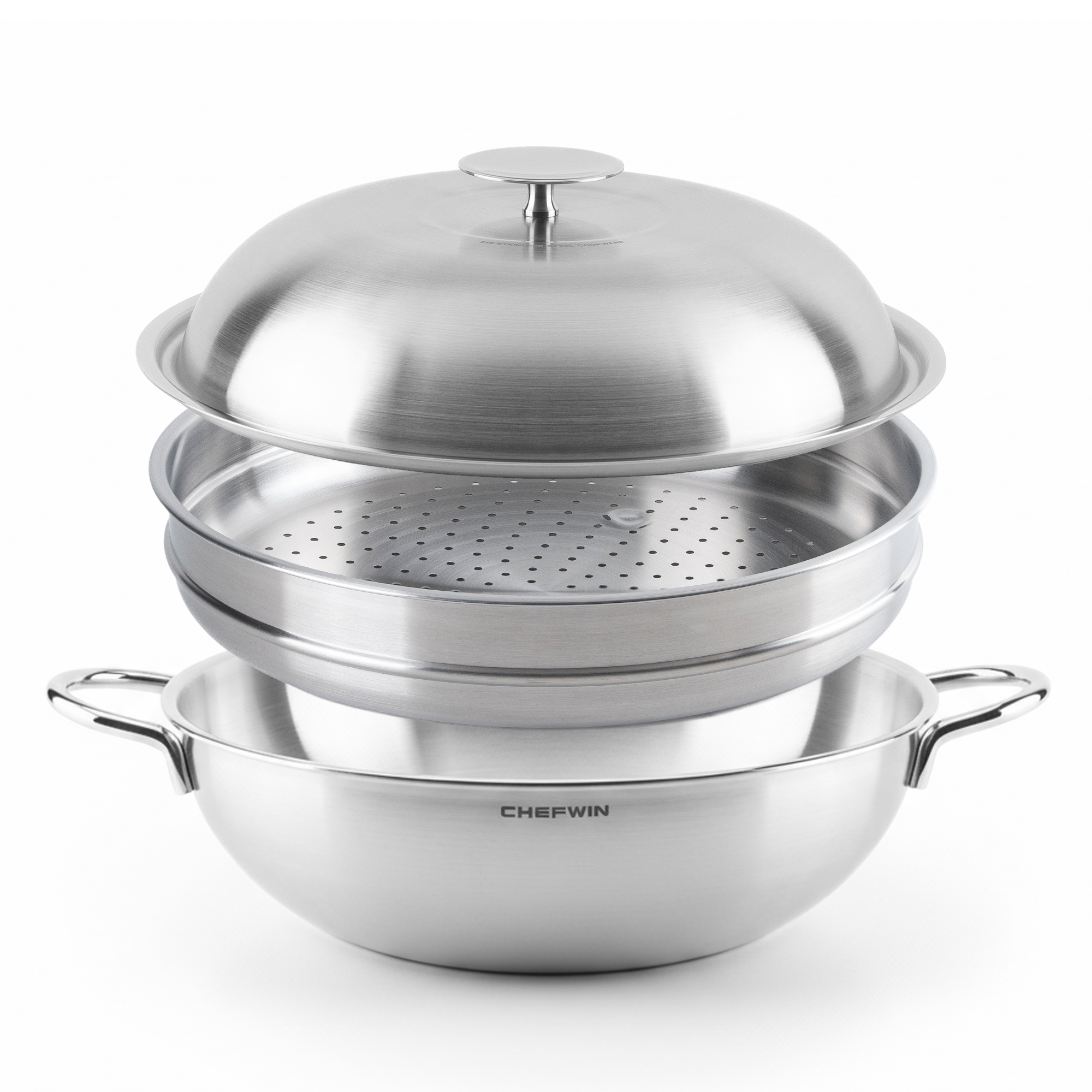 5Ply 316 Stainless Steel Heavy Duty 12.6 inch 6.3 Quart Wok pan with Lid and Steamer